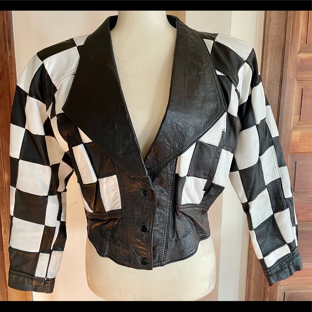 Vintage black white checkered checker leather jacket coat Sasson’s M medium 80s